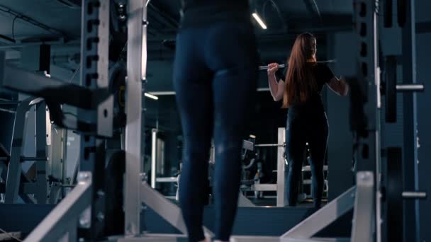 concentrated fitness woman doing heavy shoulder press exercise with barbell gym training muscle group back view - Footage, Video