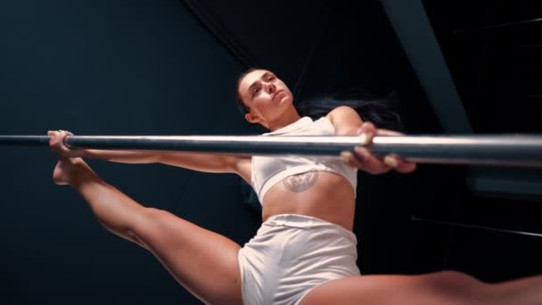 vídeo vertical Menina flexível fazendo exercícios de ginástica no pólo para alongamento Mulher sexy bonita mostrando corpo sexy Polo esporte de dança - Filmagem, Vídeo