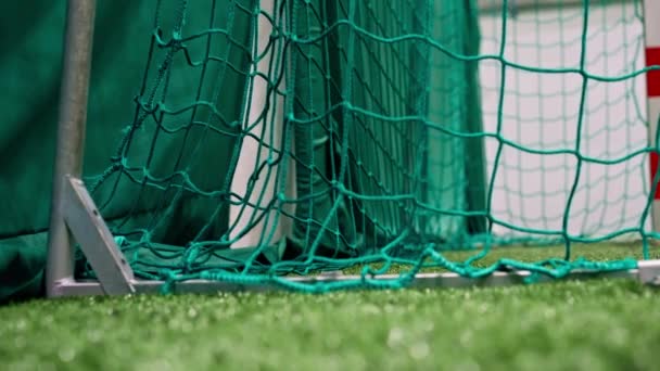 close-up fotbalista skóruje gól s míčem do cíle na fotbalovém hřišti utkání - Záběry, video