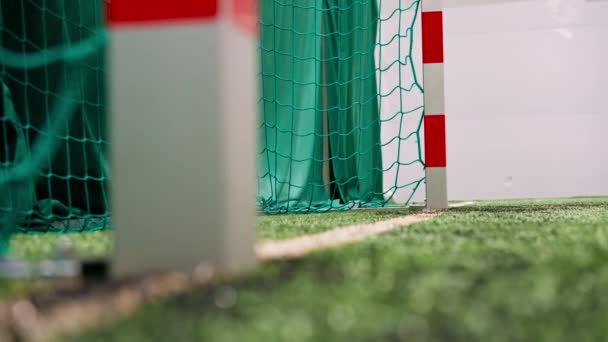 primer plano jugador de fútbol marca un gol con la pelota en el gol en el partido de competición de campo de fútbol - Metraje, vídeo