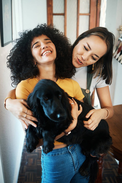 Σκύλος, αγκαλιά και ευτυχισμένο λεσβιακό ζευγάρι στο σπίτι, δένονται ή διασκεδάζουν μαζί. Κατοικίδια, γκέι γυναίκες χαμογελούν και αγκαλιάζουν τα ζώα για φροντίδα σε υγιή σχέση, ερωτική σύνδεση και αστείο γέλιο των ανθρώπων Igbtq. - Φωτογραφία, εικόνα