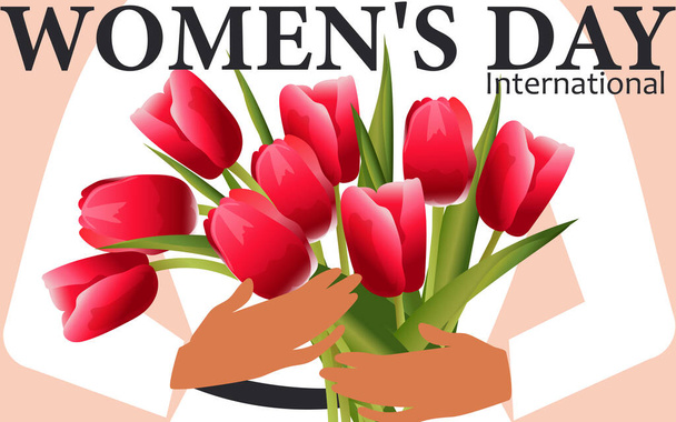 Journée internationale de la femme. Bouquet de tulipes rouges dans les mains d'une femme heureuse sur un fond horizontal rose. Carte florale pour les vacances de printemps. Vecteur. - Vecteur, image