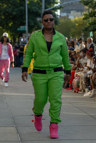 September 16, 2023 - New York, USA: A model walks the runway at the Edwing; Angelo fashion show on a Harlem Street during New York Fashion Week September 2023.  - Photo, Image