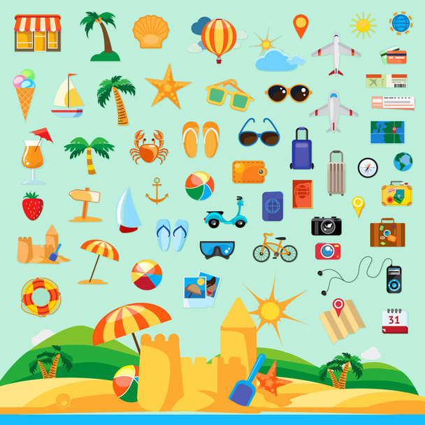 Beach holiday, icon set flat design - Vector, Image