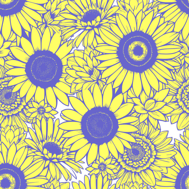 бесшовный узор из желтых маргариток с синим контуром на белом фоне, текстура, дизайн - Вектор,изображение