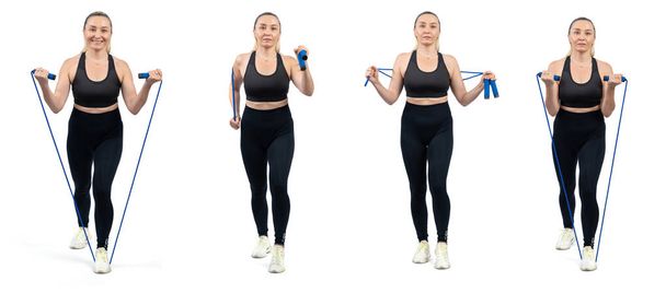 Sağlıklı ve aktif üst düzey kadın farklı profesyonel fitness duruşu olan izole edilmiş arka planda egzersiz halatı seti tam vücut uzunluğunda. Etki - Fotoğraf, Görsel