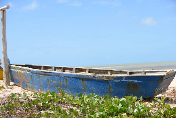 Brasil, Bahia 7 de setembro de 2023: velhos barcos de pescadores abandonados na praia suja lixo sujeira poluição pescadores batem - Foto, Imagem