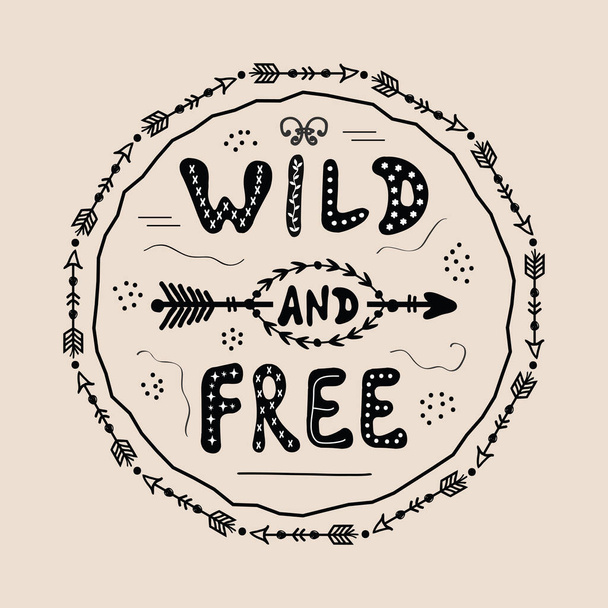 Schattig Wild en Gratis hand getekend Azteekse stijl rond embleem met pijl en textuur op roze achtergrond poster - Vector, afbeelding