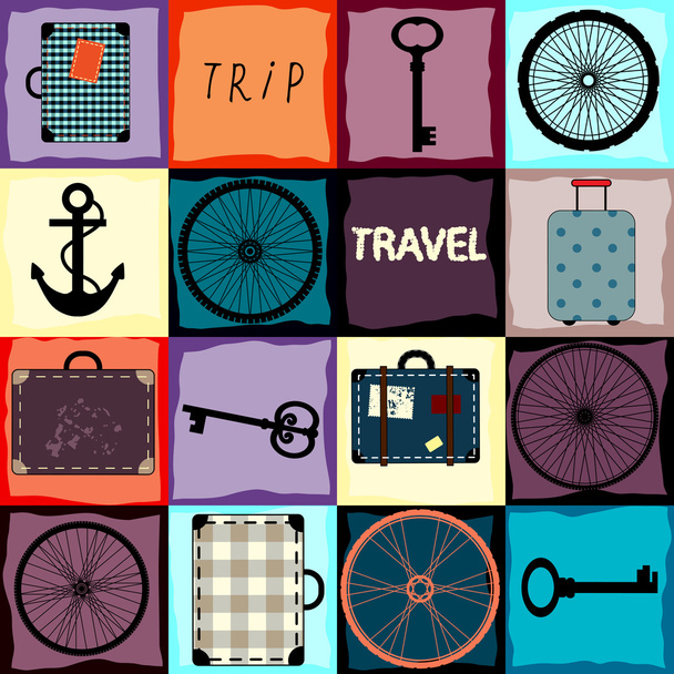 Travel background with wheels and suitcases. - Vektori, kuva