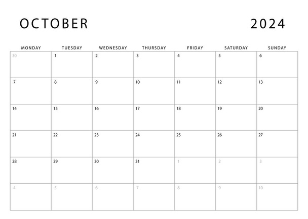 10月2024日 カレンダー。 月曜スタート。 月間プランナーテンプレート。 ベクトルデザイン - ベクター画像