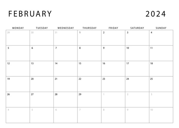 2024. februári naptár. Hétfőn kezdünk. Havi tervezői sablon. A vektor kialakítása - Vektor, kép