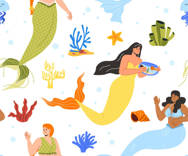 Seamless pattern with mermaids concept. Repeating design element for printing on fabric. Fairy tale and fictional characters . Womerns with fish tail near corals. Cartoon flat vector illustration - Vector, Image
