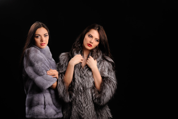 Beauty Fashion Model Girls in Blue Mink Fur Coat - Fotó, kép