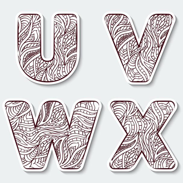 Set of capital letters  U, V, W, X from the alphabet with abstract pattern in tribal Indian style.  - Vector, Image