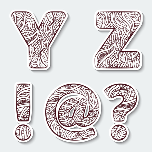 Set of capital letters  Y, Z from the alphabet with abstract pattern in tribal Indian style.  - Vettoriali, immagini