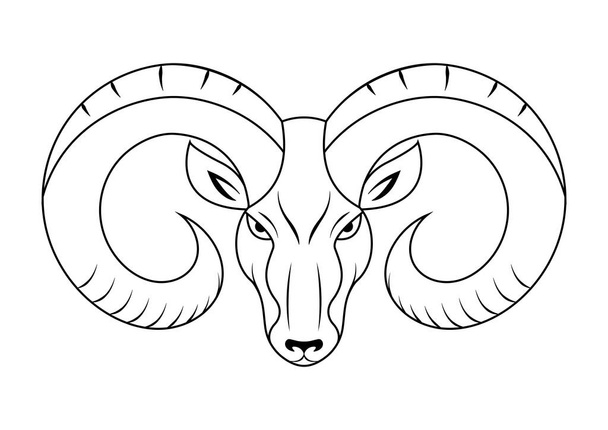 Projeto liso preto e branco do vetor da cabeça do carneiro. Página para colorir de uma cabeça de carneiro - Vetor, Imagem