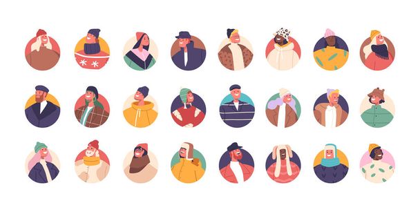 Personagens femininos masculinos em roupas de inverno Avatares Set apresenta pessoas empacotadas em camisolas de malha acolhedoras, cachecóis e chapéus, prontas para abraçar a estação fria em grande estilo. Desenhos animados Vector Ilustração - Vetor, Imagem