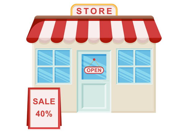Ladenfassade mit Verkauf Rabatt flache Gestaltung. Shop Cliparts Vektor Illustration auf weißem Hintergrund - Vektor, Bild