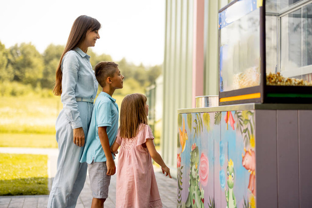 Mãe com crianças esperando por um doce de algodão doce para ser feito na loja de balcão enquanto visita o parque de diversões durante umas férias de verão - Foto, Imagem