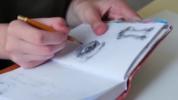 Een getalenteerde jonge kunstenaar tekent in een notitieboekje. Potloodtekening van een eye close-up. - Video