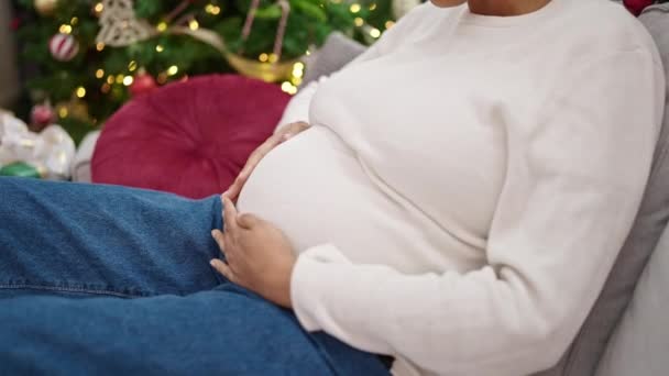 Νεαρή έγκυος γυναίκα αγγίζοντας κοιλιά γιορτάζει τα Χριστούγεννα στο σπίτι - Πλάνα, βίντεο