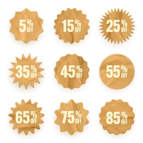 Crumpled paper price tags. Special offer or shopping discount label with percent, discount percentage value. Retail sticker with cardboard texture. Promotional sale badge. Vector illustration. - Vector, Image