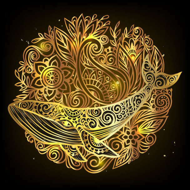 Mandala di balena d'oro. Illustrazione vettoriale. Pagina da colorare per adulti. Balena animale marino in stile boho zen. Sacro, pacifico. Stampa hennè tatuaggio - Vettoriali, immagini