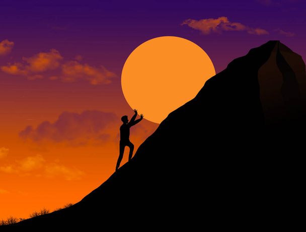 Силуэт мужчины на закате выглядит так, как будто она толкает заходящее солнце вверх по склону холма или, по крайней мере, пытается предотвратить опускание солнца в 3-D иллюстрации. - Фото, изображение