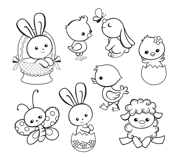 Mutlu Paskalya tatili illüstrasyon sevimli tavuk, tavşan, ördek, kuzu çizgi film karakterleri ile. Boyama sayfası. Vektör çizim. - Vektör, Görsel