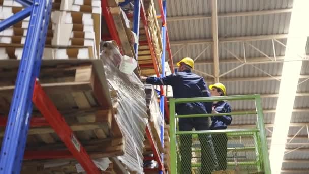 Team two male and female workers board forklift to inspect cardboard boxes on a pallet rack, secured by a team of safety drivers inside an export logistics manufacturing facility building. - Footage, Video