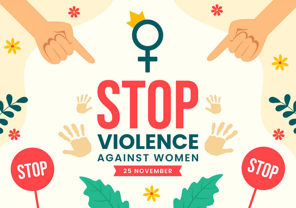 Kansainvälinen päivä naisiin kohdistuvan väkivallan poistamiseksi vektorikuvitus 25. marraskuuta tyttöjen ja kukkien taustan kanssa Sarjakuva suunnittelu - Vektori, kuva