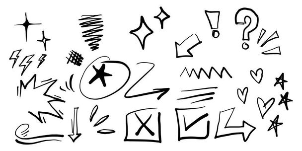 Conjunto dibujado a mano de elementos de énfasis garabato. centelleante, flash, estrella, amor, flecha. aislado sobre fondo blanco. ilustración vectorial - Vector, imagen