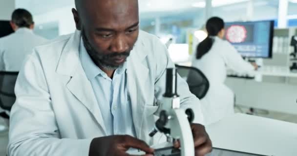 Parçacıklar, mikroskop ya da laboratuarda araştırma, tıbbi analiz ya da test deneyi yapan siyah adam bilim adamı. Gelecekteki gelişmeler veya sonuçlar için teknolojiyle ilgili sağlık, araştırma veya uzman. - Video, Çekim
