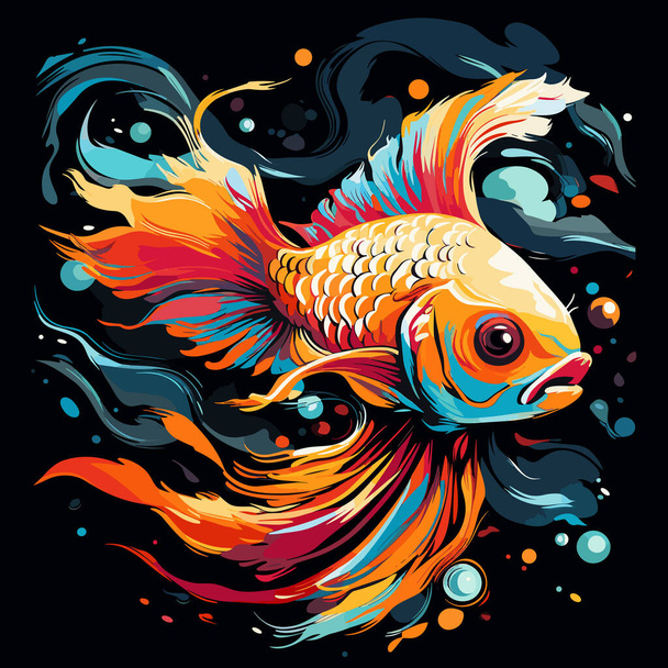 Bright and colourful Goldfish among water flowers and plants in romantic vector pop art style. Template for poster, t-shirt, sticker, etc. - Vector, Image
