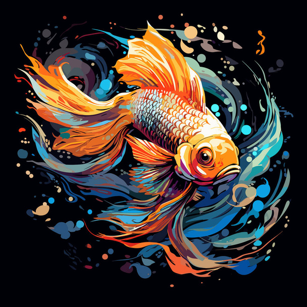 Яскрава і барвиста золота рибка серед водних квітів і рослин у романтичному векторному поп-арт-стилі. Шаблон для плакатів, футболок, наклейок тощо. - Вектор, зображення