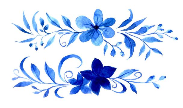 Akvarell rajz, kék díszítés virágok és levelek, Gzhel. elvont virágok - Fotó, kép