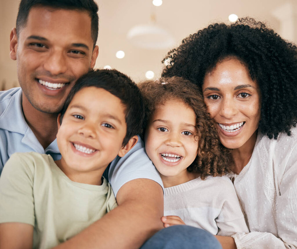 Happy family, parents and portrait of kids in home for bonding, healthy relationship and relax. Interracial, face and mother, father and children hug, embrace and cuddle for trust, support and love. - Foto, Imagem