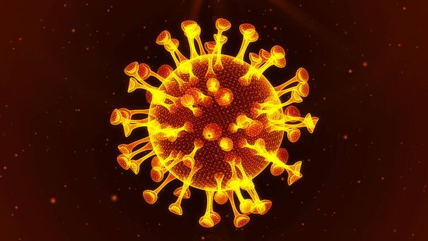 Jasně žluté virové buňky se vznášejí na černém pozadí. Abstraktní koncept 3D vykreslování ve 4K - Fotografie, Obrázek