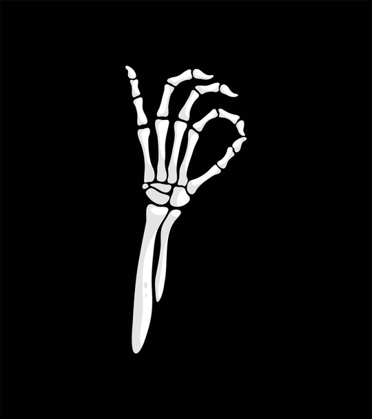 Skelett Hand ok Geste, isolierte Vektor-Skelett-Arm mit knöchernen Fingern bilden einen Kreis und Daumen berühren, symbolisieren Zustimmung oder Übereinstimmung, Vermischung des Makabren mit einem Zeichen der Bestätigung - Vektor, Bild