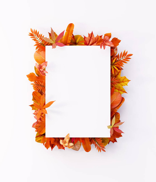 Autumn composition of colorful leaves with white blank paper. Flat lay, top view, copy space 3d render 3d illustration - Photo, Image