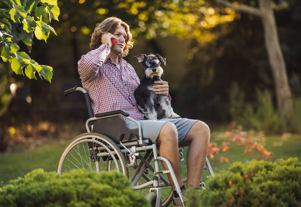 Young man sitting in wheelchair, holding dog in lap and talking on mobile phone in park - Photo, Image