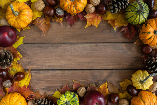 Autumn flat lay composition frame, with copy space on wooden background. Variety of edible and decorative gourds, pumpkins, walnuts, cones, apples, chestnuts on fall leaves. - Photo, Image
