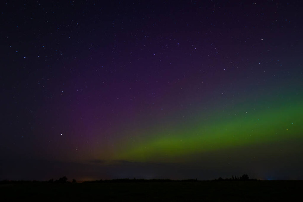 Латвийская ночная небо зеленая Аврора осенью. Спокойная сцена ночного сияния, освещенный зеленый пейзаж, звездная небесная красота. Спокойное ночное небо, зеленая аврора, освещающая небесные ландшафты - Фото, изображение