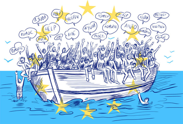 Μετανάστευση προσφύγων από την Αφρική στην Ευρώπη, Αιτητής Ασύλου. Σχεδίαση διανυσματικού χεριού - Διάνυσμα, εικόνα