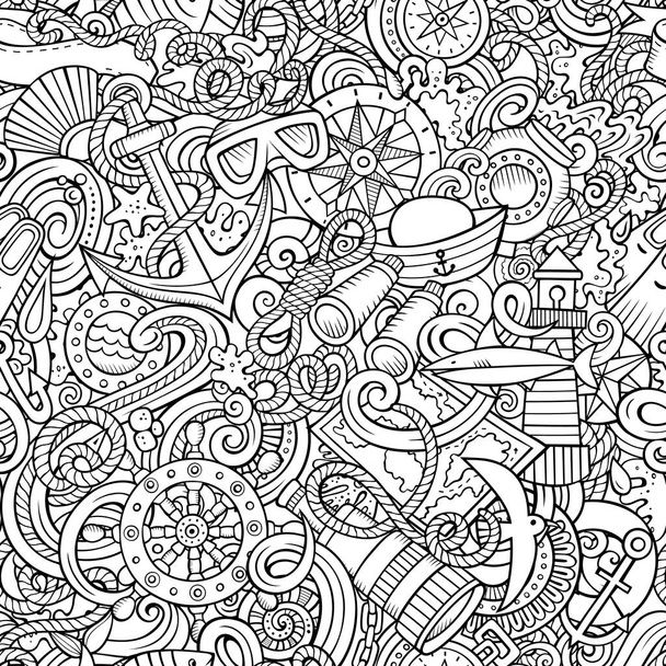 Cartoon doodles Nautical seamless pattern. Backdrop s námořními symboly a předměty. Skicovité podrobné pozadí pro tisk, omalovánky, balicí papír. - Vektor, obrázek