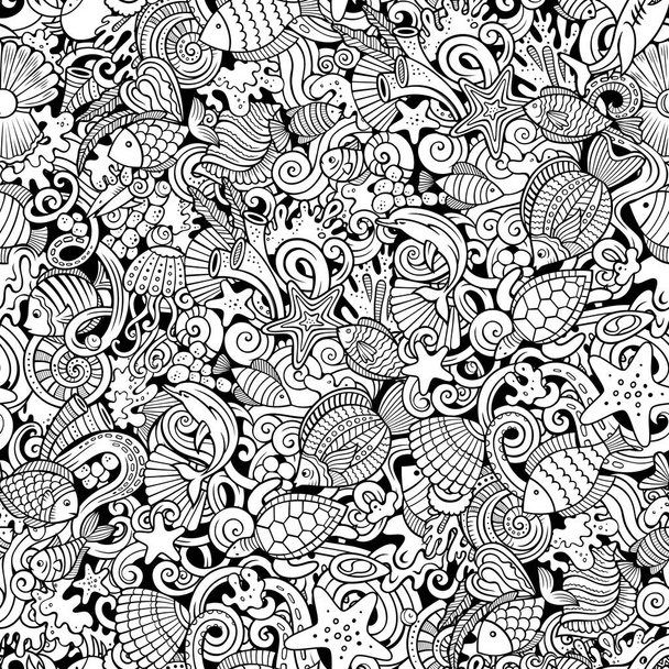 Cartoon doodles Sea Life seamless pattern. Backdrop se symboly a předměty pod vodou. Skicovité podrobné pozadí pro tisk, omalovánky, balicí papír. - Vektor, obrázek