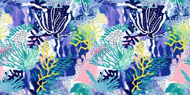  Naadloze trendy onderwater kelp en zeewier lint rand achtergrond. Tropisch modern kustpatroon clash stof koraalrif border print voor zomerstrand textiel ontwerpen met een linnen katoenen effect. - Foto, afbeelding