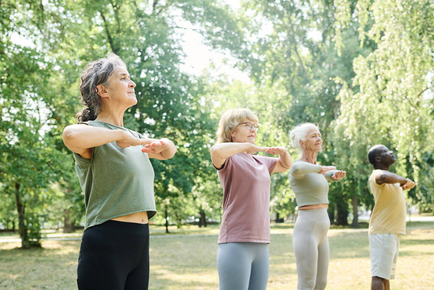 Idősek csoportja áll sorban és edz a szabadban a parkban - Fotó, kép