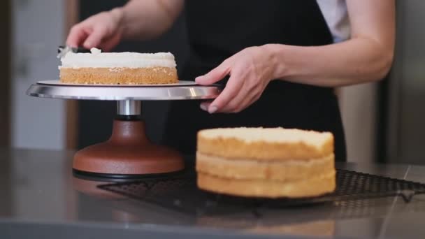 Female confectioner smearing cream around fresh cake layers with knife standing at kitchen table woman in apron making organic gluten free pastry for events at home - Footage, Video
