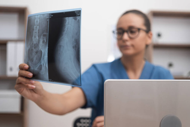 Pečlivá diagnóza: Žena lékař pečlivě vyšetřuje pacienty X-ray film skenování na lékařské klinice při přezkumu výsledků testů na svém notebooku. - Fotografie, Obrázek